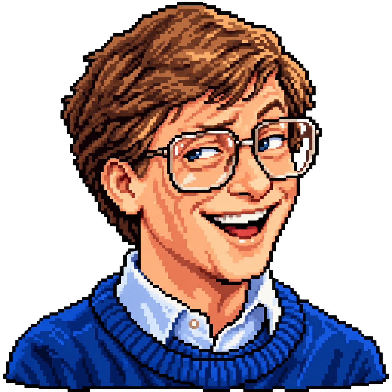 A laughing pixel portrait of Bill Gates