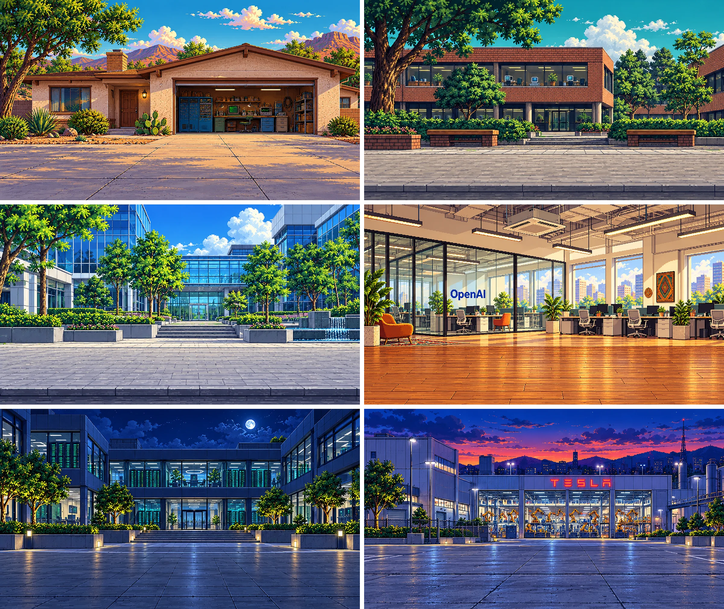 Six pixel-art stages: a garage, two Microsoft campuses, OpenAI offices, a server farm at night and a Tesla factory.