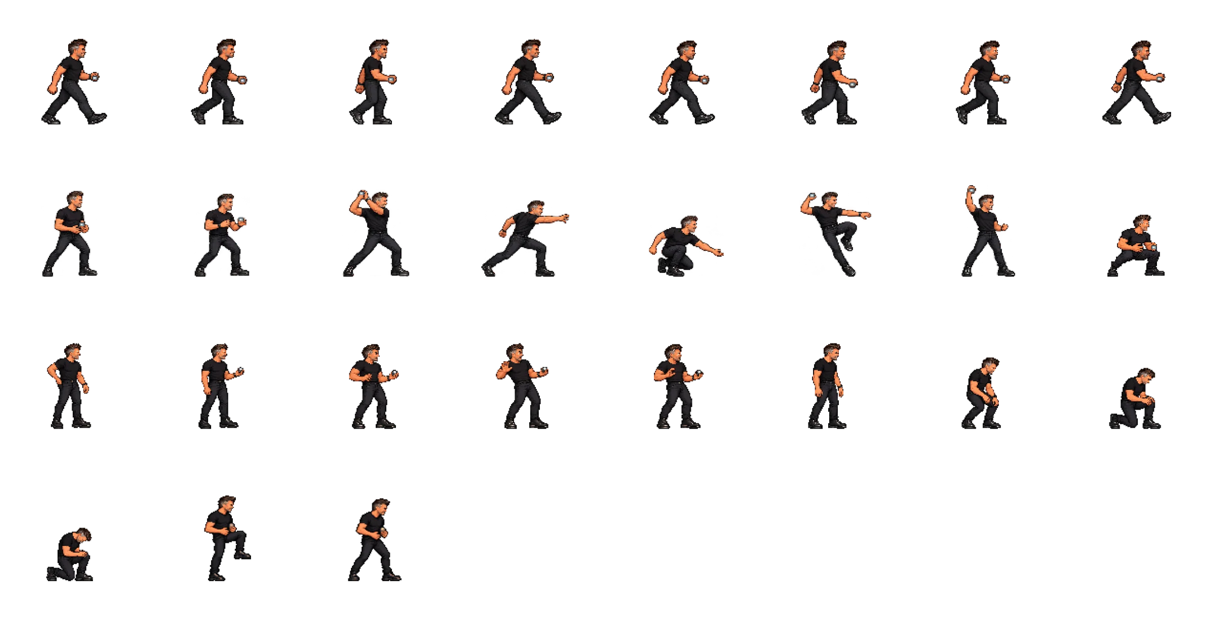 Pixel animation sheet of Franz walking, throwing a metal ball, crouching and celebrating.