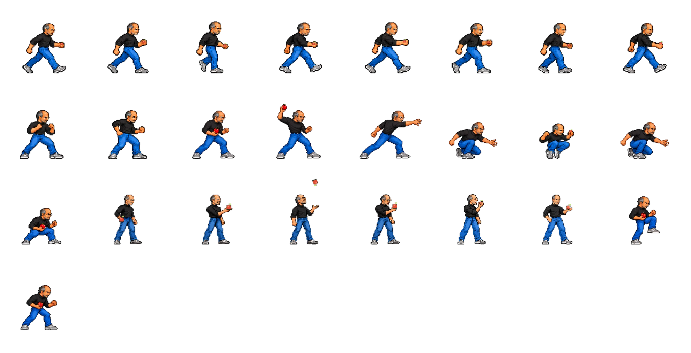 Pixel animation sheet of Steve Jobs walking, throwing apples, crouching and celebrating by eating an apple.