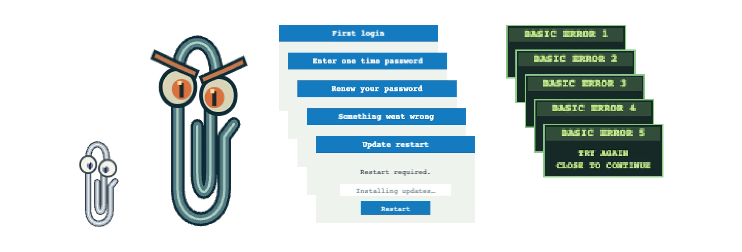 Clippy in two sizes, login and update pop-ups, and a stack of retro error messages.