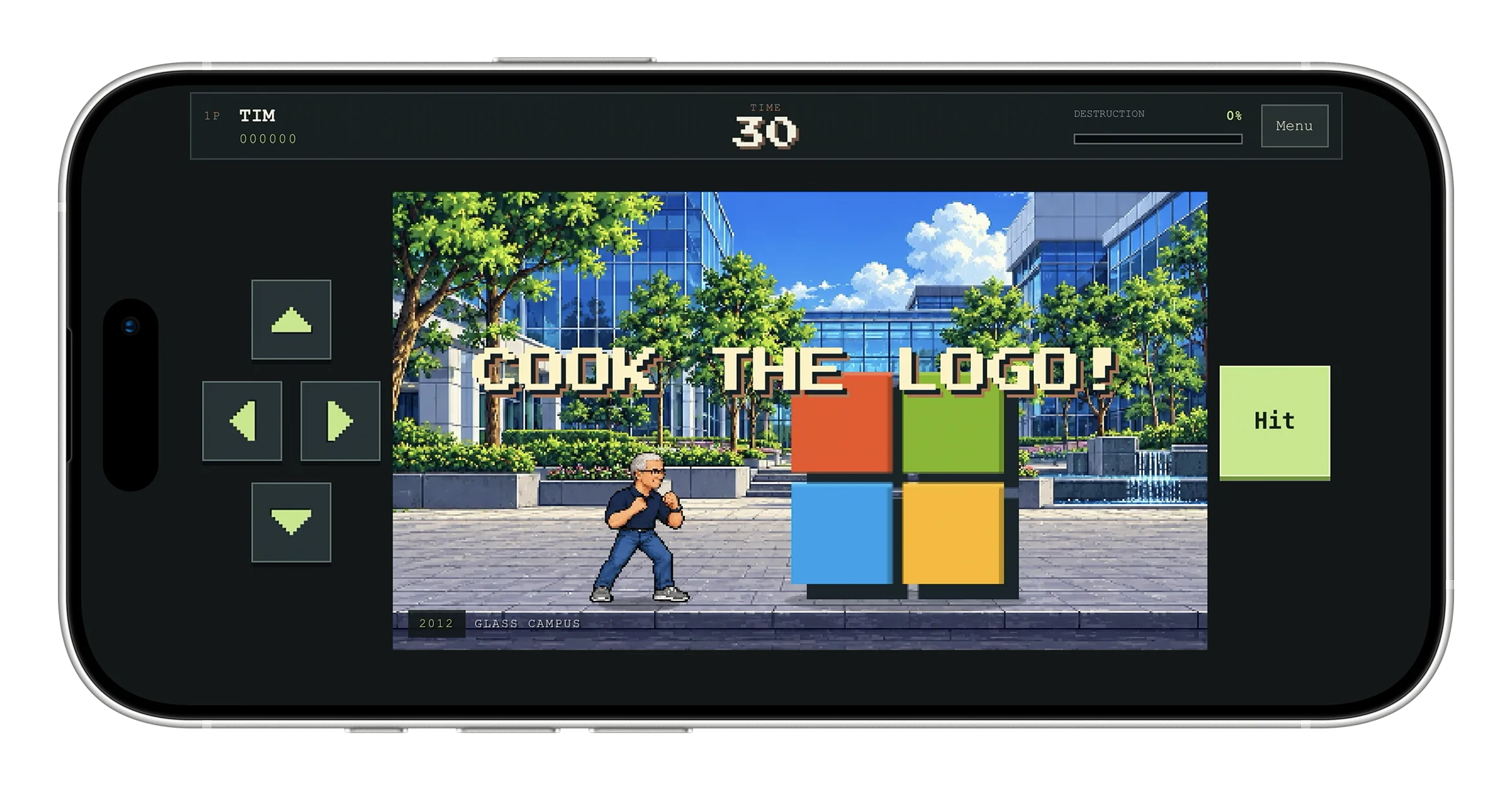 Landscape phone showing Tim facing a Microsoft logo, with direction arrows on the left and a Hit button on the right.