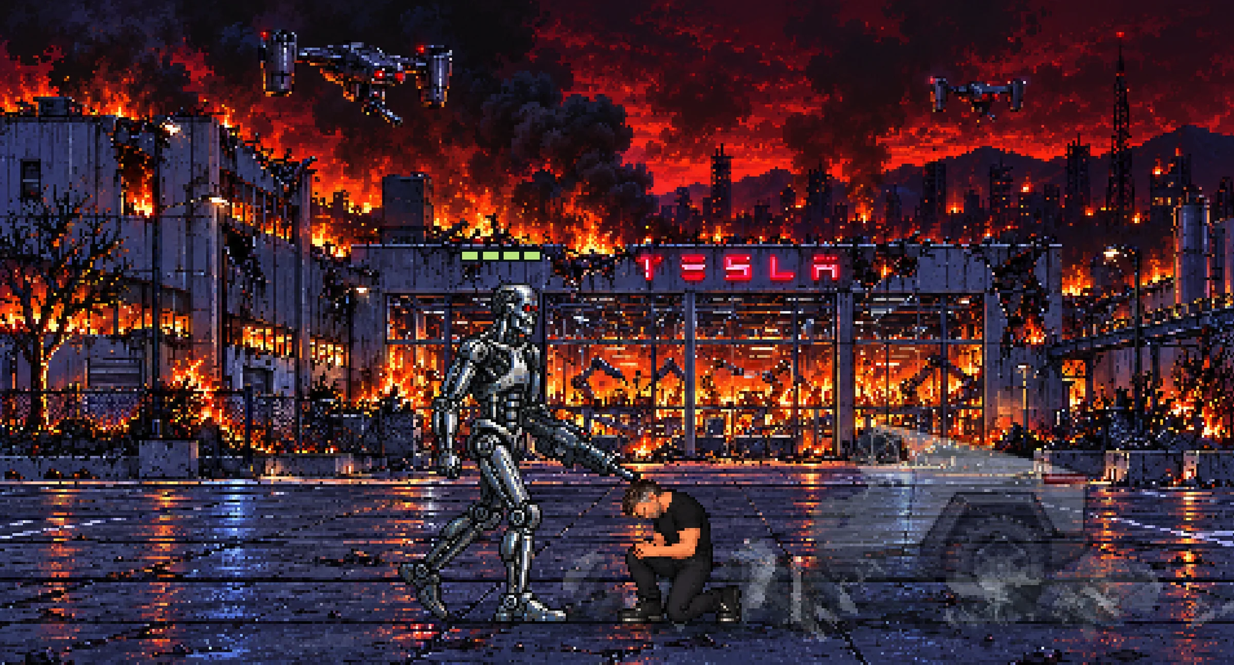Franz kneels before a chrome robot outside a burning Tesla factory in the Terminator-inspired finale.