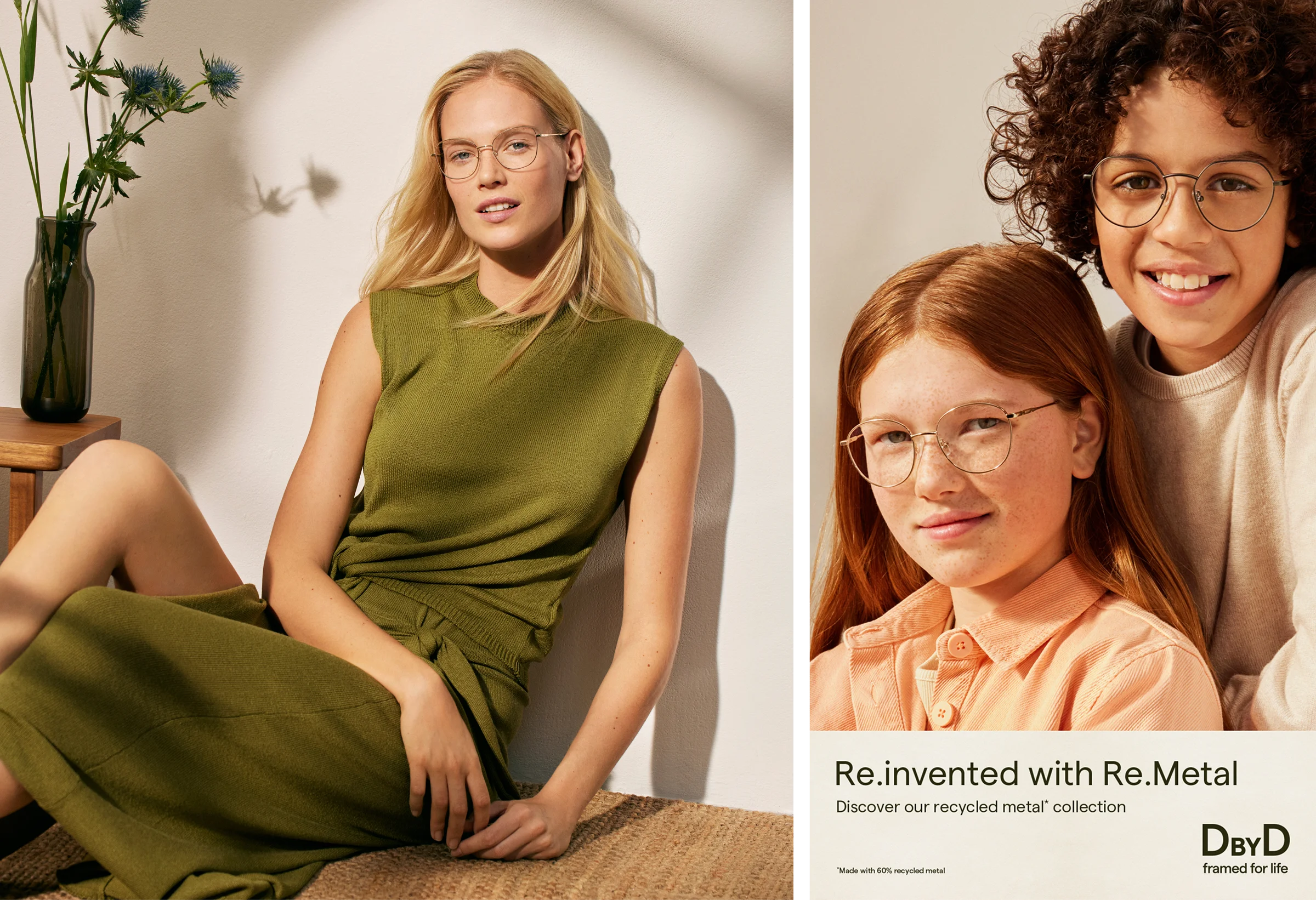 Blonde woman wearing eyewear and an olive-green dress against a sunlit beige wall, alongside two smiling children wearing eyewear, for a DbyD campaign.
