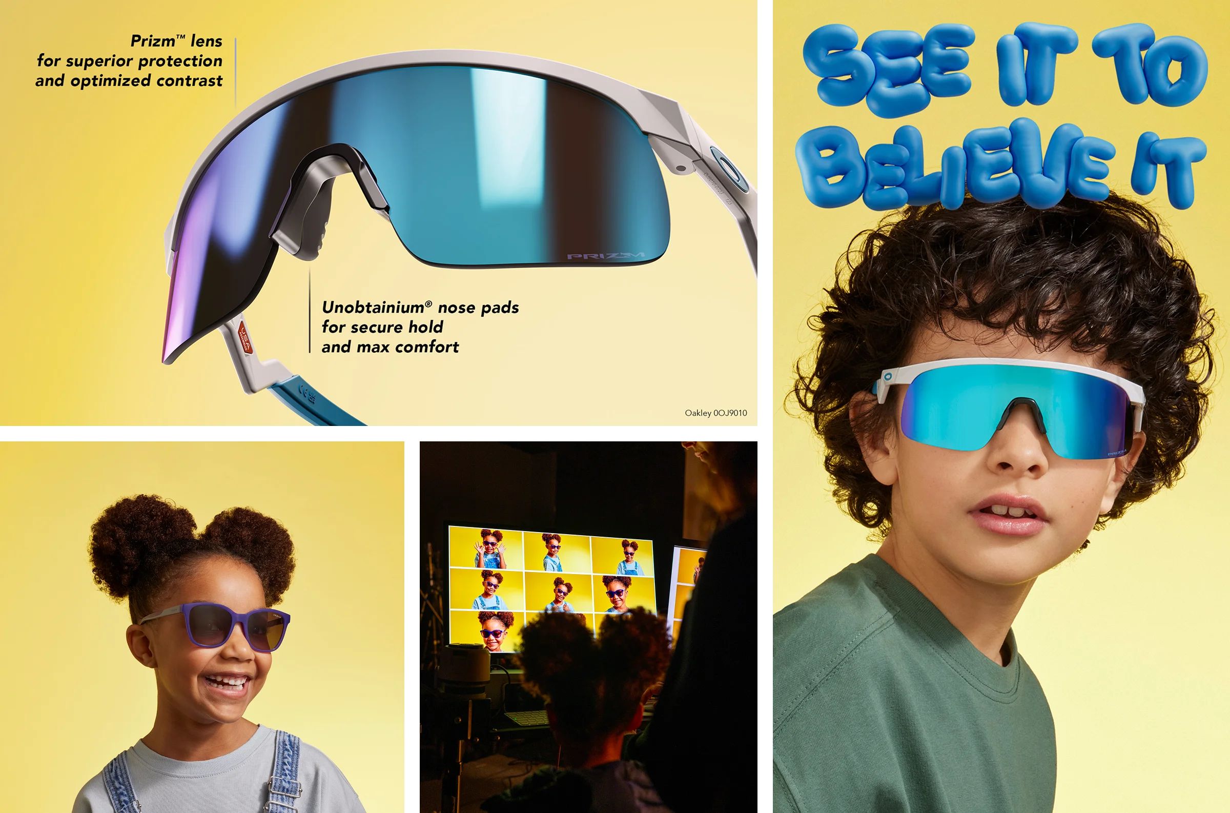 Visuals from the EssilorLuxottica Kids campaign ‘See it to believe it,’ featuring sunglasses, children wearing colorful eyewear, and a behind-the-scenes photoshoot image.