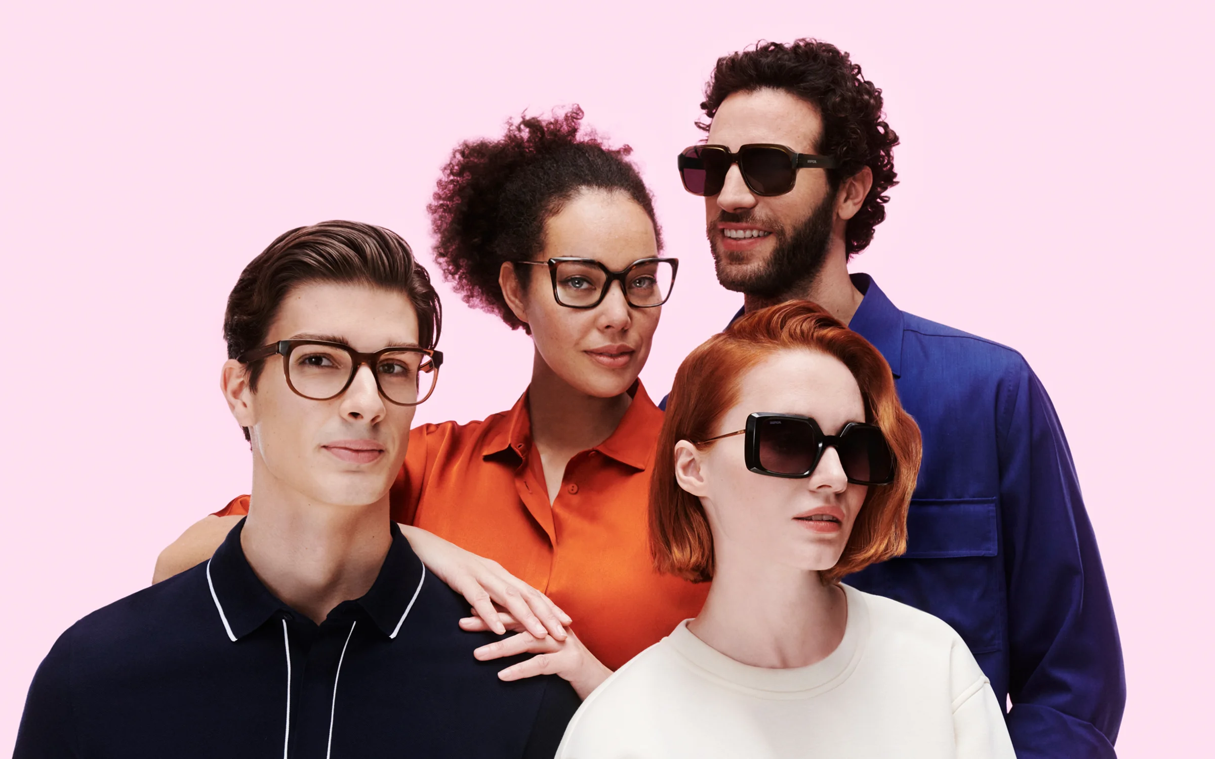 Group of people wearing eyewear against a light pink and purple background for an Unofficial campaign.