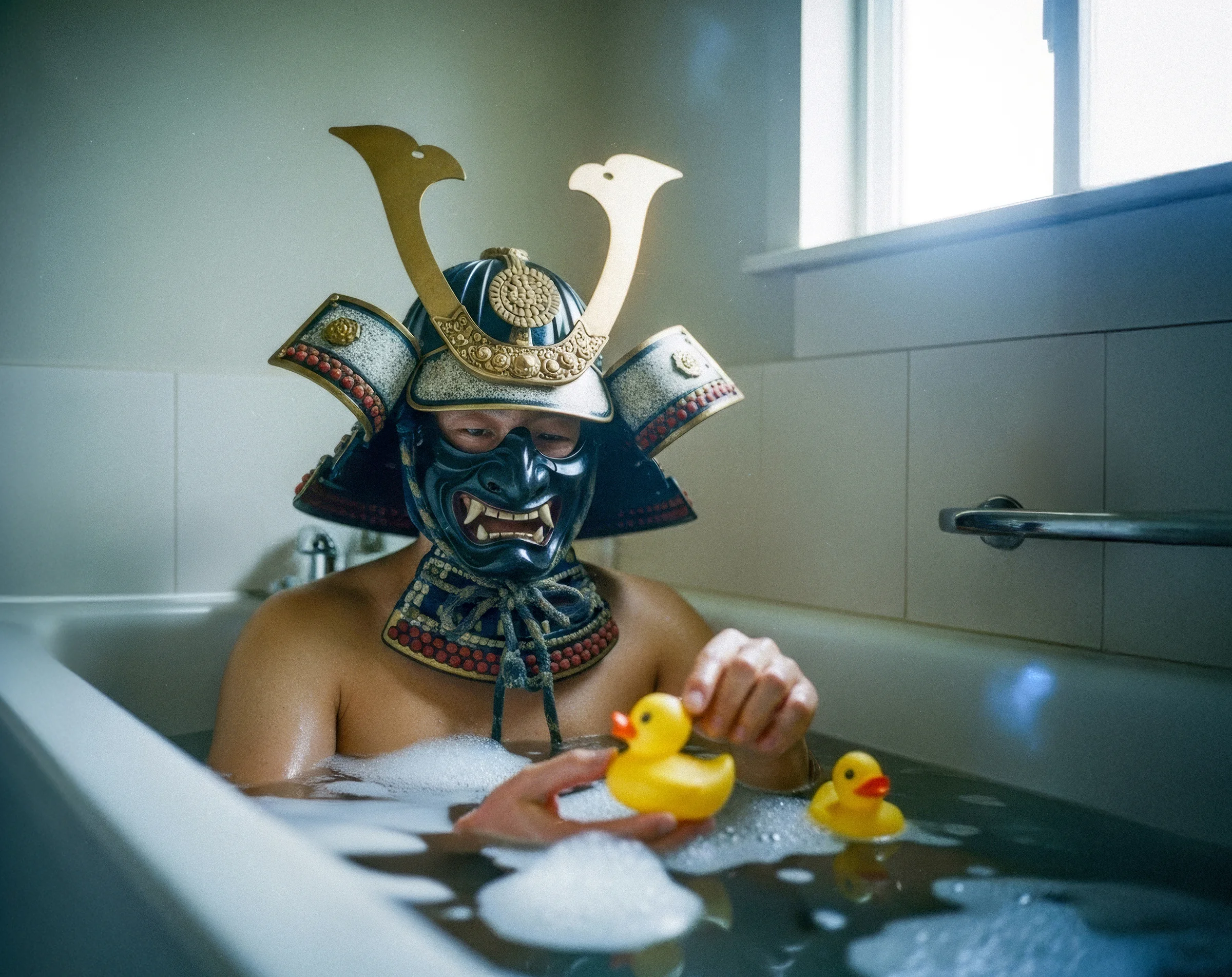 Samurai sitting in a bathtub and playing with yellow plastic ducks. Visual generated by AI.