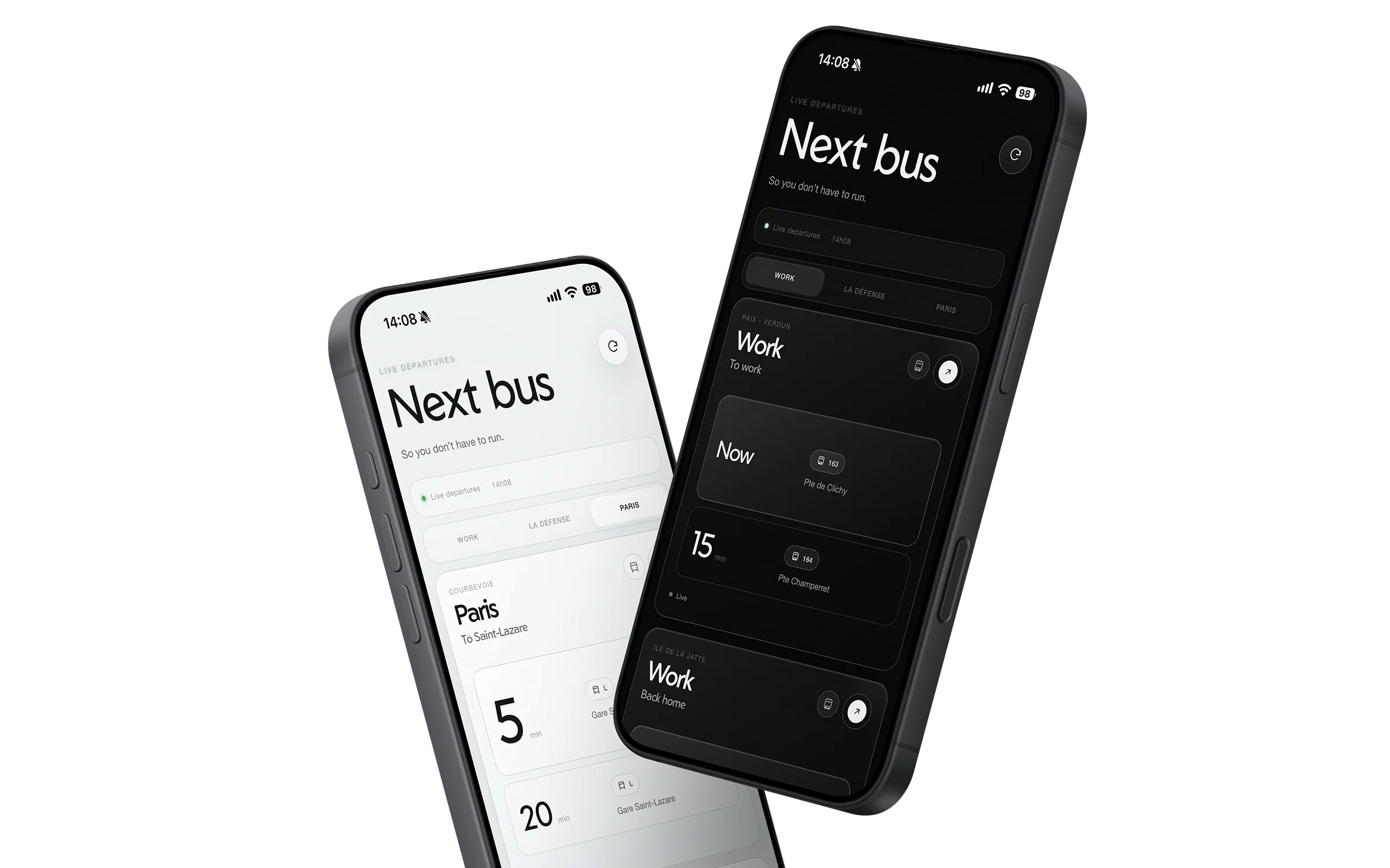 Next Bus interface showing the light and dark modes.